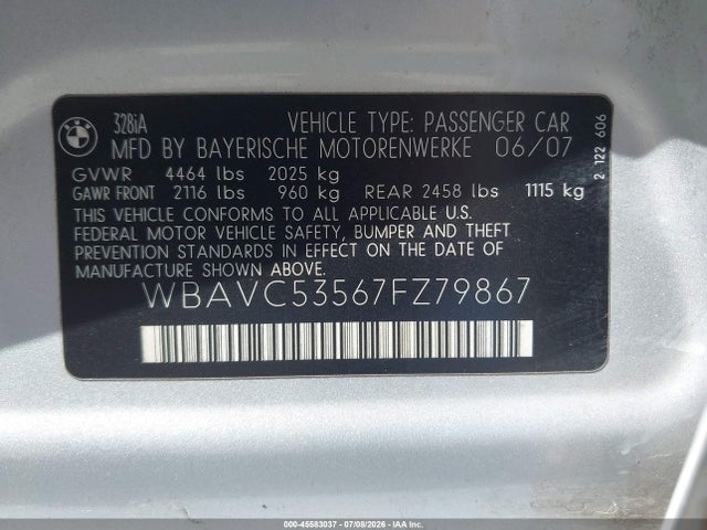 Продажа на аукционе авто 2007 Bmw 328i, vin: WBAVC53567FZ79867, номер лота: 45583037