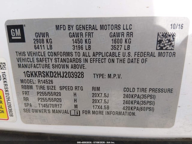 Aukcja sprzedaży 2017 Gmc Acadia Limited, vin: 1GKKRSKD2HJ203928, numer aukcji: 45583038