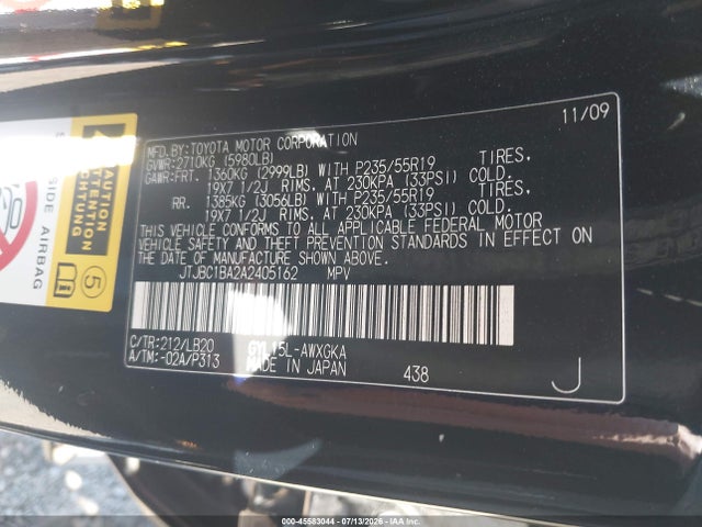 2010 Lexus Rx 450h მანქანა იყიდება აუქციონზე, vin: JTJBC1BA2A2405162, აუქციონის ნომერი: 45583044