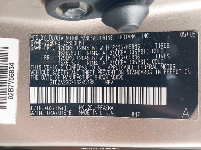 45583051 :رقم المزاد ، 5TDZA23CX5S345188 vin ، 2005 Toyota Sienna Le مزاد بيع