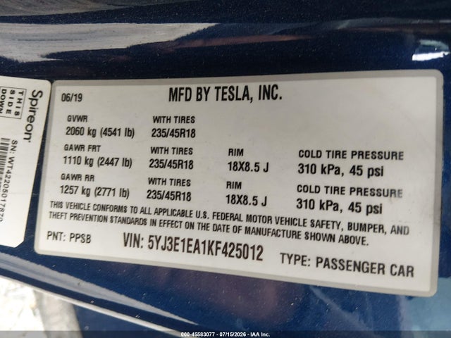 Aukcja sprzedaży 2019 Tesla Model 3 Long Range/mid Range/standard Range/standard Range Plus, vin: 5YJ3E1EA1KF425012, numer aukcji: 45583077