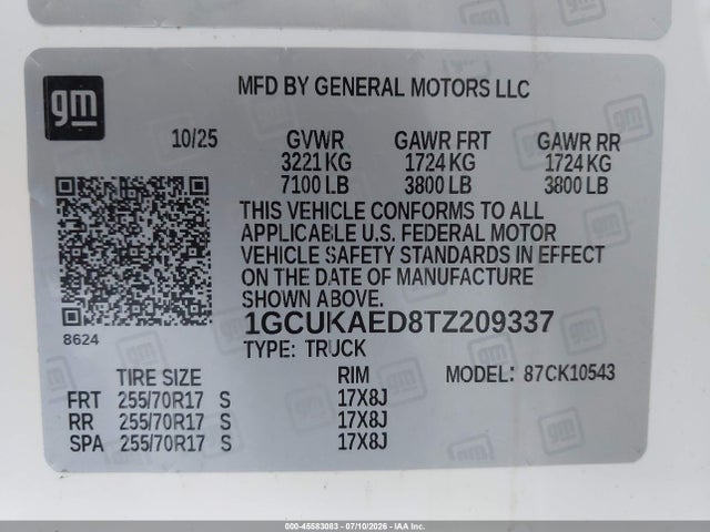 1GCUKAED8TZ209337 Chevrolet Silverado 1500 4wd Short Bed Wt