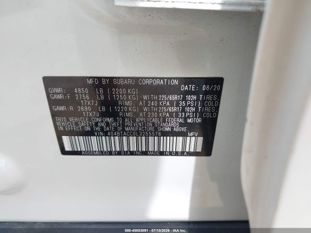 45583091 :رقم المزاد ، 4S4BTACC0L3255578 vin ، 2020 Subaru Outback Premium مزاد بيع
