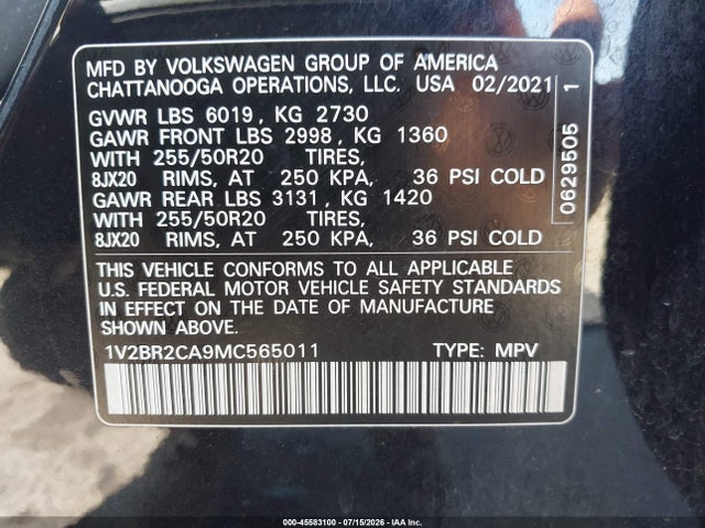 Aukcja sprzedaży 2021 Volkswagen Atlas 3.6l V6 Sel, vin: 1V2BR2CA9MC565011, numer aukcji: 45583100