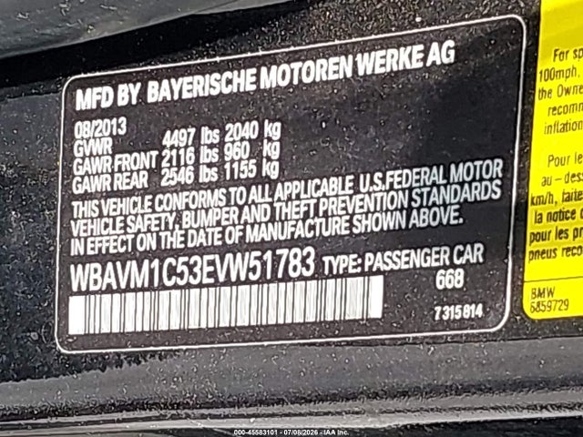 2014 Bmw X1 Sdrive28i მანქანა იყიდება აუქციონზე, vin: WBAVM1C53EVW51783, აუქციონის ნომერი: 45583101
