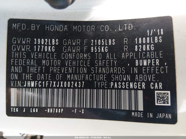 Aukcja sprzedaży 2018 Honda Civic Ex-l, vin: JHMFC1F7XJX002437, numer aukcji: 45583139