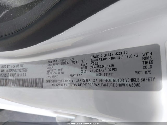 45583145 :رقم المزاد ، 1C6SRFJT7TN270786 vin ، 2026 Ram 1500 Laramie  4x4 5'7 Box مزاد بيع
