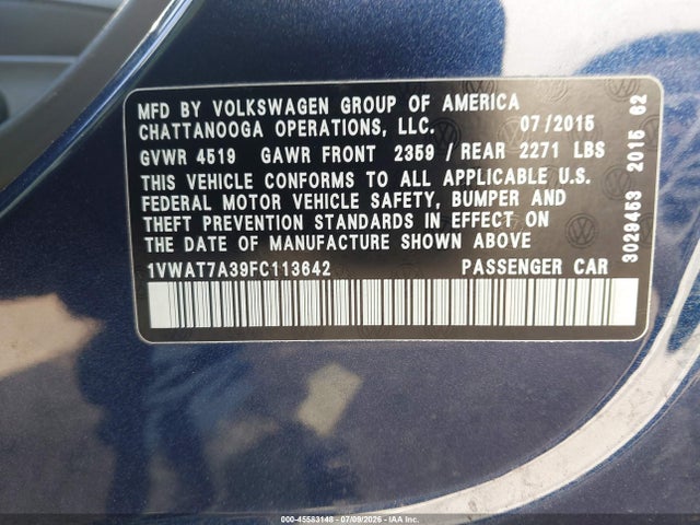 Aukcja sprzedaży 2015 Volkswagen Passat 1.8t Limited Edition, vin: 1VWAT7A39FC113642, numer aukcji: 45583148