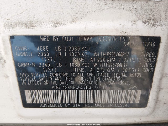 45583169 :رقم المزاد ، 4S4BRCGC7B3374618 vin ، 2011 Subaru Outback 2.5i Premium مزاد بيع