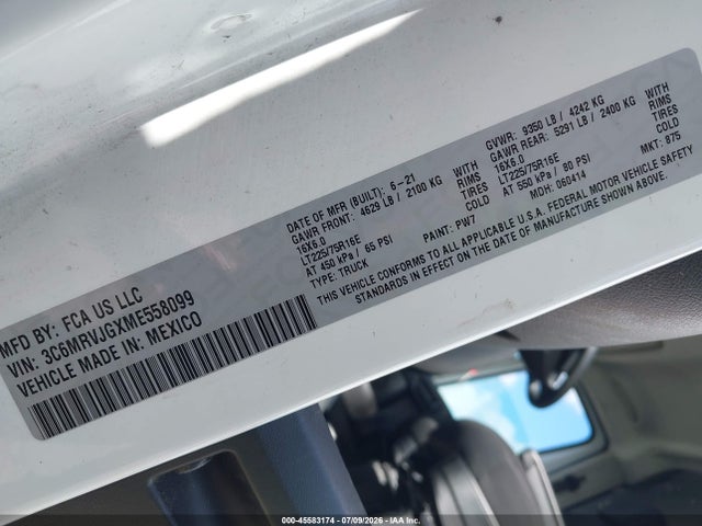 45583174 :رقم المزاد ، 3C6MRVJGXME558099 vin ، 2021 Ram Promaster 3500 Cargo Van High Roof 159 Wb Ext مزاد بيع