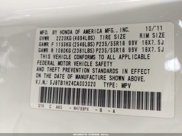 45583179 :رقم المزاد ، 5J8TB1H24CA003020 vin ، 2012 Acura Rdx مزاد بيع