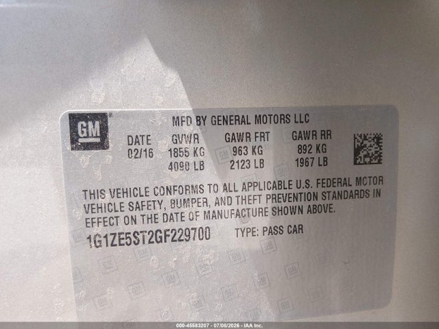 45583207 :رقم المزاد ، 1G1ZE5ST2GF229700 vin ، 2016 Chevrolet Malibu 1lt مزاد بيع
