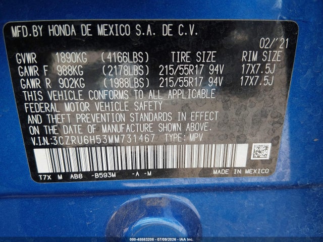 3CZRU6H53MM731467 Honda Hr-v Awd Ex