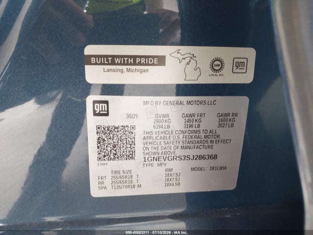 Продажа на аукционе авто 2025 Chevrolet Traverse Awd Lt, vin: 1GNEVGRS3SJ286368, номер лота: 45583211