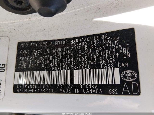 Продаж на аукціоні авто 2016 Toyota Corolla Le, vin: 2T1BURHE4GC680650, номер лоту: 45583212