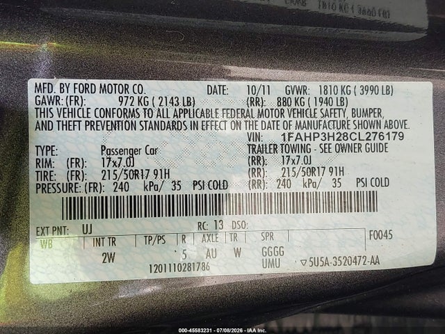 2012 Ford Focus Sel მანქანა იყიდება აუქციონზე, vin: 1FAHP3H28CL276179, აუქციონის ნომერი: 45583231