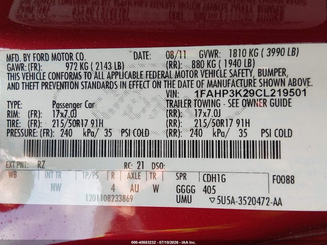 45583232 :رقم المزاد ، 1FAHP3K29CL219501 vin ، 2012 Ford Focus Se مزاد بيع