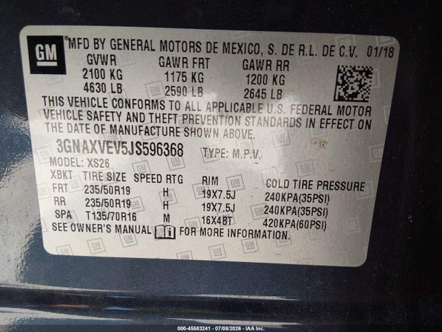 45583241 :رقم المزاد ، 3GNAXVEV5JS596368 vin ، 2018 Chevrolet Equinox Premier مزاد بيع