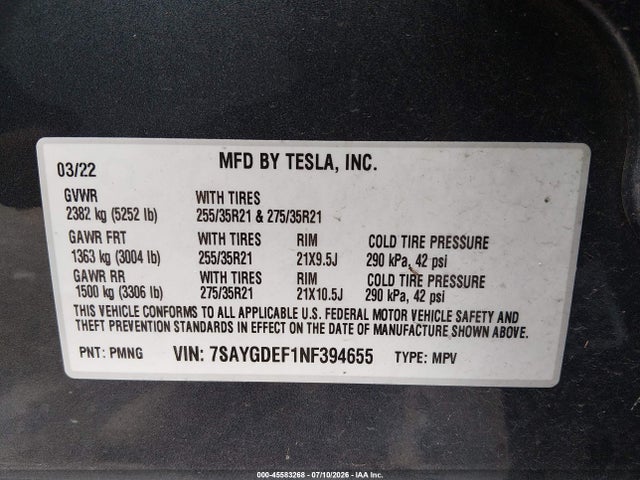 Aukcja sprzedaży 2022 Tesla Model Y Performance Dual Motor All-wheel Drive, vin: 7SAYGDEF1NF394655, numer aukcji: 45583268
