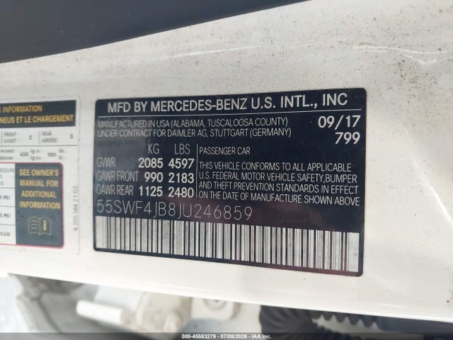 Продажа на аукционе авто 2018 Mercedes-benz C 300, vin: 55SWF4JB8JU246859, номер лота: 45583279