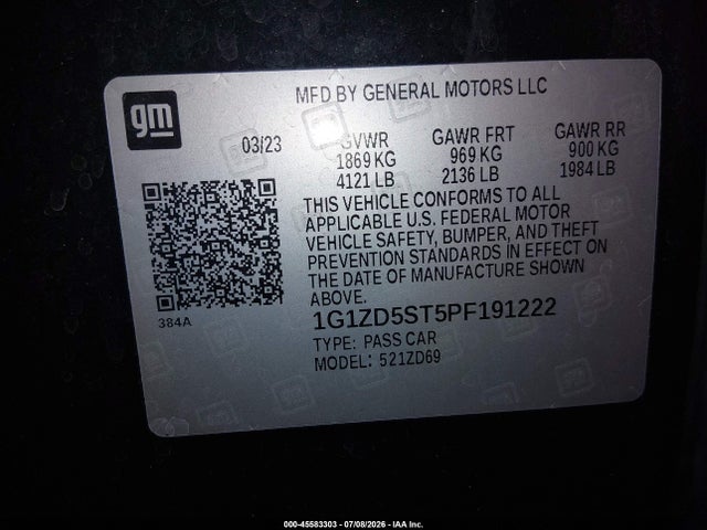 45583303 :رقم المزاد ، 1G1ZD5ST5PF191222 vin ، 2023 Chevrolet Malibu Fwd 1lt مزاد بيع