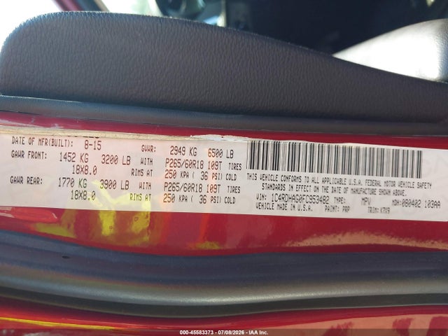 45583373 :رقم المزاد ، 1C4RDHAG0FC953482 vin ، 2015 Dodge Durango Sxt مزاد بيع