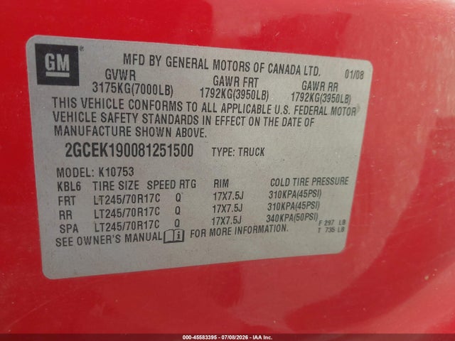 45583395 :رقم المزاد ، 2GCEK190081251500 vin ، 2008 Chevrolet Silverado 1500 Work Truck مزاد بيع