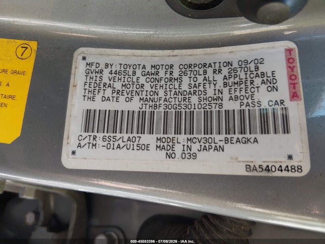 45583396 :رقم المزاد ، JTHBF30G530102578 vin ، 2003 Lexus Es 300 مزاد بيع