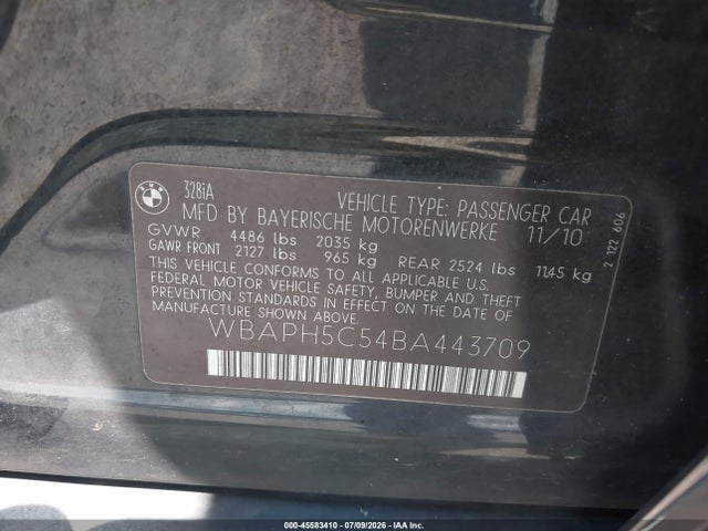 Aukcja sprzedaży 2011 Bmw 328i, vin: WBAPH5C54BA443709, numer aukcji: 45583410