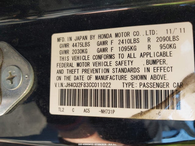 Продаж на аукціоні авто 2012 Acura Tsx 2.4, vin: JH4CU2F83CC011022, номер лоту: 45583412