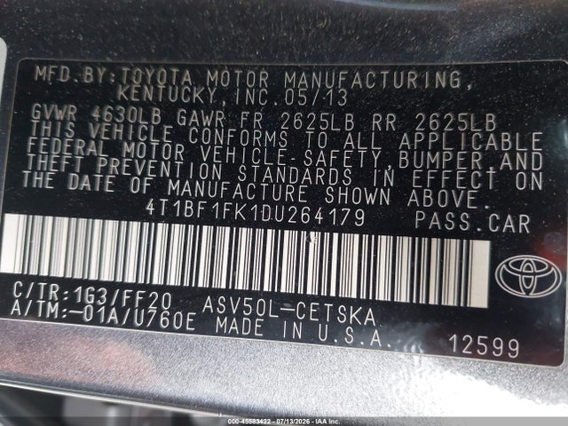 2013 Toyota Camry Se მანქანა იყიდება აუქციონზე, vin: 4T1BF1FK1DU264179, აუქციონის ნომერი: 45583422