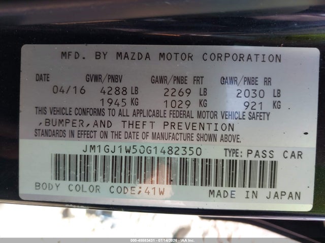 Aukcja sprzedaży 2016 Mazda Mazda6 I Grand Touring, vin: JM1GJ1W50G1482350, numer aukcji: 45583431