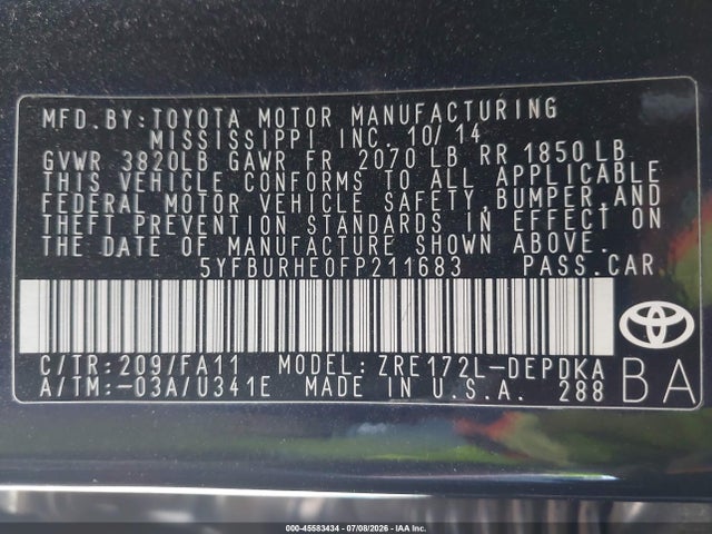 Toyota COROLLA L 2015 5YFBURHE0FP211683 Image 9