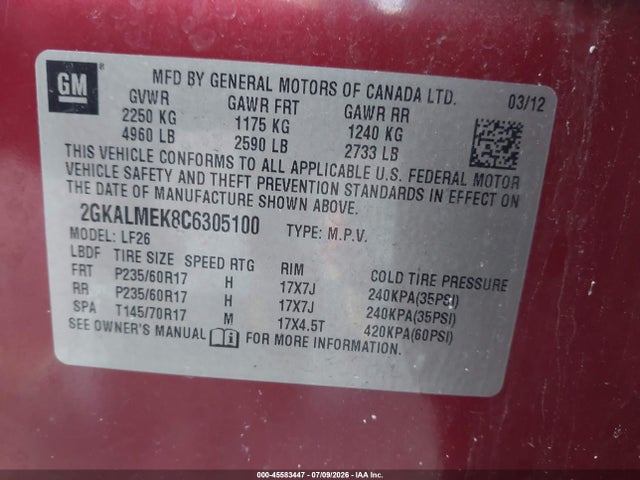 Продажа на аукционе авто 2012 Gmc Terrain Sle-1, vin: 2GKALMEK8C6305100, номер лота: 45583447