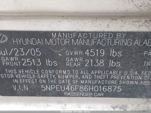 45583458 :رقم المزاد ، 5NPEU46F86H016875 vin ، 2006 Hyundai Sonata Gls V6/lx V6 مزاد بيع