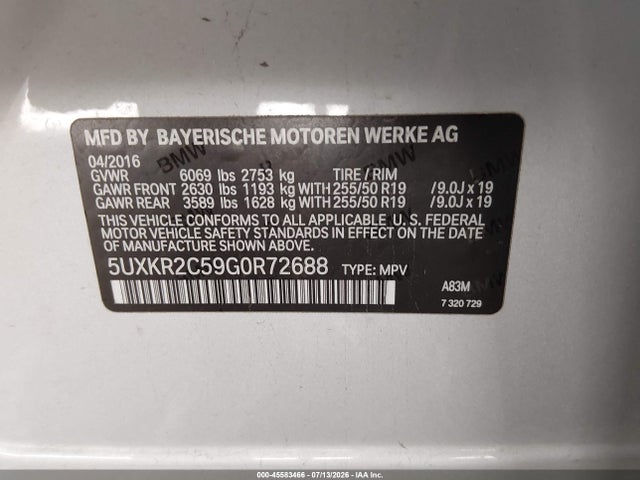 45583466 :رقم المزاد ، 5UXKR2C59G0R72688 vin ، 2016 Bmw X5 Sdrive35i مزاد بيع