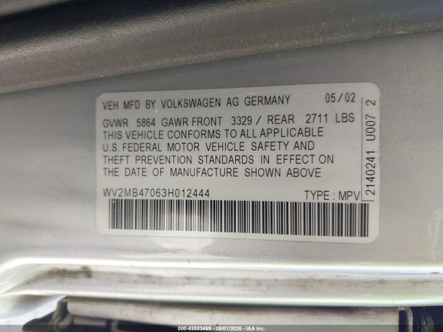 2003 Volkswagen Eurovan Mv მანქანა იყიდება აუქციონზე, vin: WV2MB47063H012444, აუქციონის ნომერი: 45583469