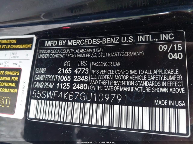 Aukcja sprzedaży 2016 Mercedes-benz C 300 4matic, vin: 55SWF4KB7GU109791, numer aukcji: 45583496