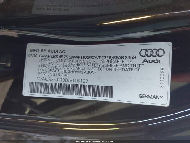 2011 Audi A5 2.0t Premium მანქანა იყიდება აუქციონზე, vin: WAURFAFR3BA016107, აუქციონის ნომერი: 45583506