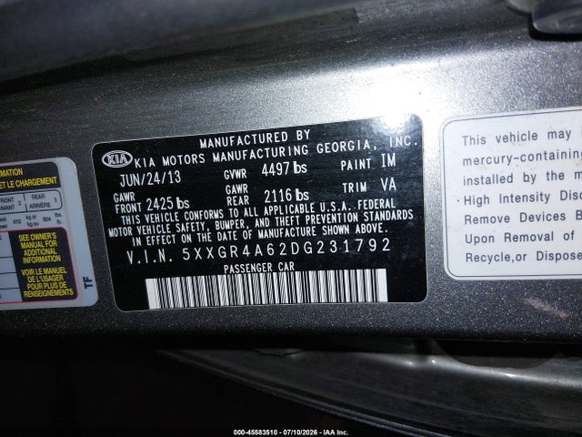 2013 Kia Optima Sx მანქანა იყიდება აუქციონზე, vin: 5XXGR4A62DG231792, აუქციონის ნომერი: 45583510