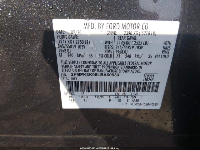 45583533 :رقم المزاد ، 2FMPK3K98LBA60838 vin ، 2020 Ford Edge Titanium مزاد بيع