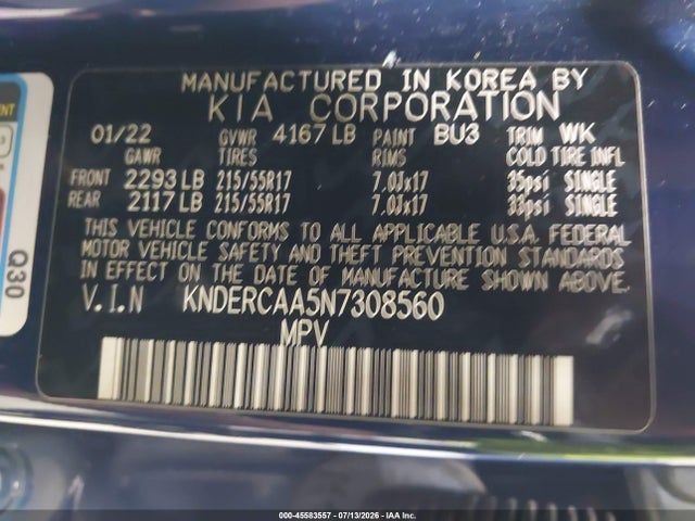 45583557 :رقم المزاد ، KNDERCAA5N7308560 vin ، 2022 Kia Seltos Ex مزاد بيع