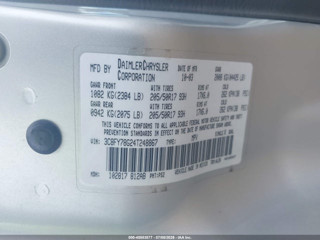 Продаж на аукціоні авто 2004 Chrysler Pt Cruiser Gt, vin: 3C8FY78G24T248867, номер лоту: 45583577