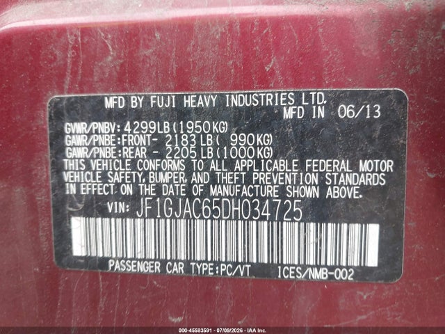 Aukcja sprzedaży 2013 Subaru Impreza 2.0i Premium, vin: JF1GJAC65DH034725, numer aukcji: 45583591