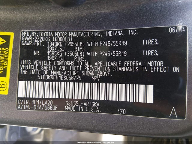 5TDDKRFH1ES056725 Toyota Highlander Limited V6