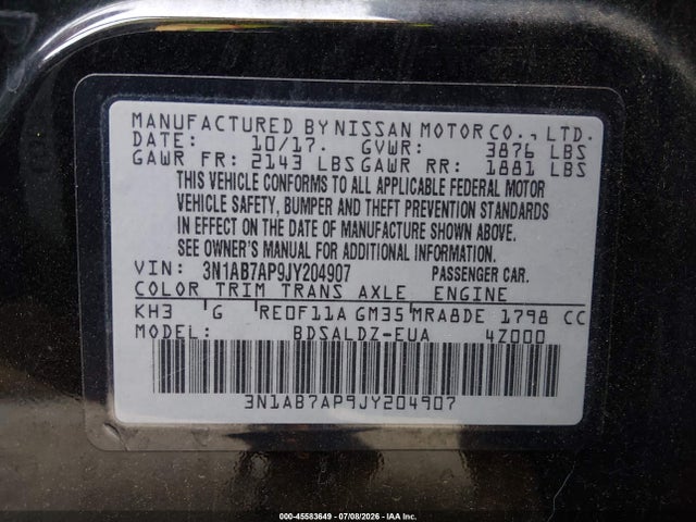 Nissan SENTRA SV 2018 3N1AB7AP9JY204907 Image 9