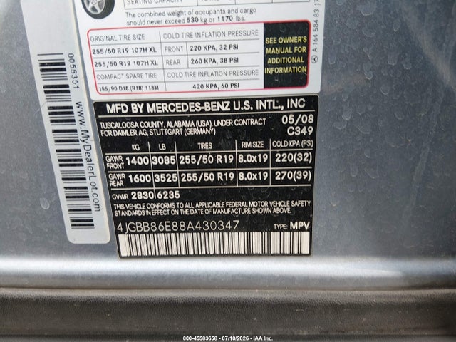 Продажа на аукционе авто 2008 Mercedes-benz M-class 3.5l, vin: 4JGBB86E88A430347, номер лота: 45583658