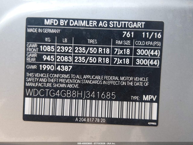 Продажа на аукционе авто 2017 Mercedes-benz Gla 250 4matic, vin: WDCTG4GB8HJ341685, номер лота: 45583685