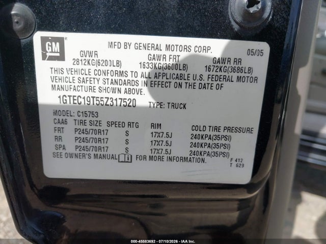 2005 Gmc Sierra 1500 Slt მანქანა იყიდება აუქციონზე, vin: 1GTEC19T55Z317520, აუქციონის ნომერი: 45583692
