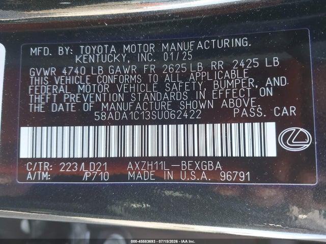 Продажа на аукционе авто 2025 Lexus Es 300h, vin: 58ADA1C13SU062422, номер лота: 45583693